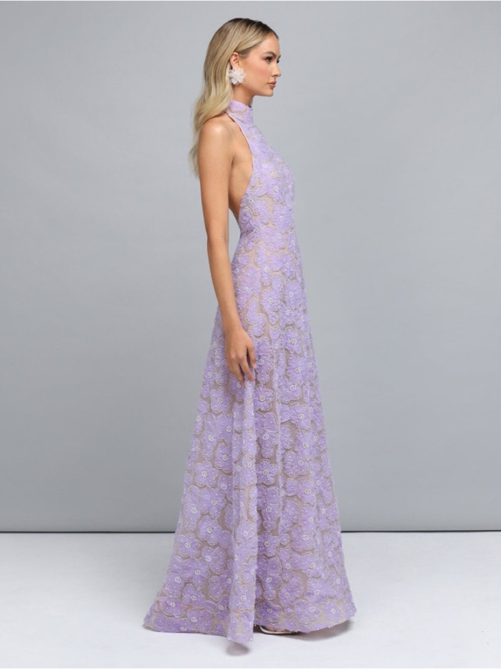 Backless Halter Lace Evening Dress - Lavender
